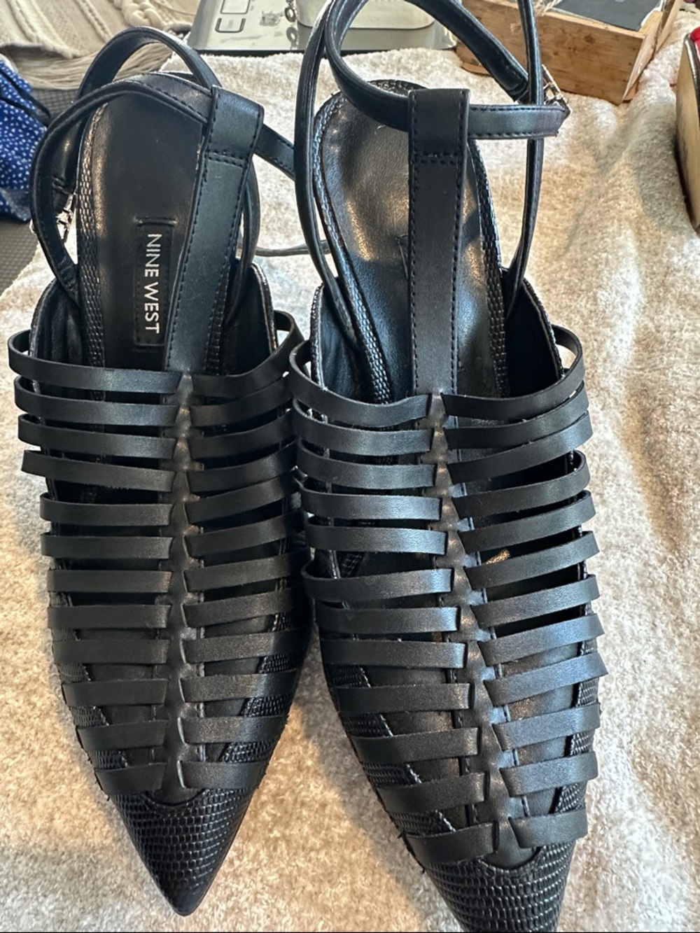 Nine West Black Woven Pointed-Toe Slingback Mules